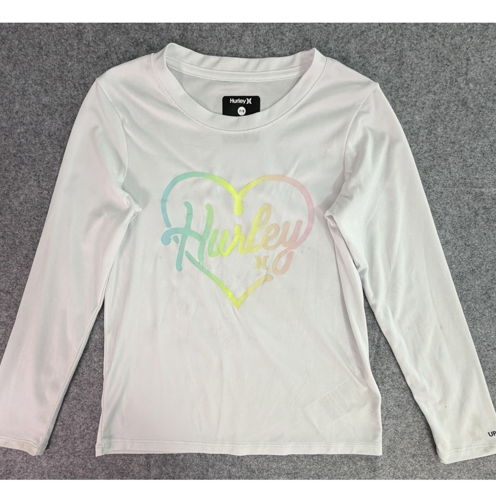 Hurley Kids Long Sleeve Rash Guard Swim Shirt UPF 50+ Heart Graphic‎ White 7/8